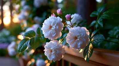 White Roses Blooming On A Wooden Garden Fence