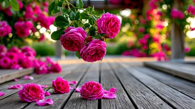 Vibrant Pink Roses On A Rustic Wooden Deck