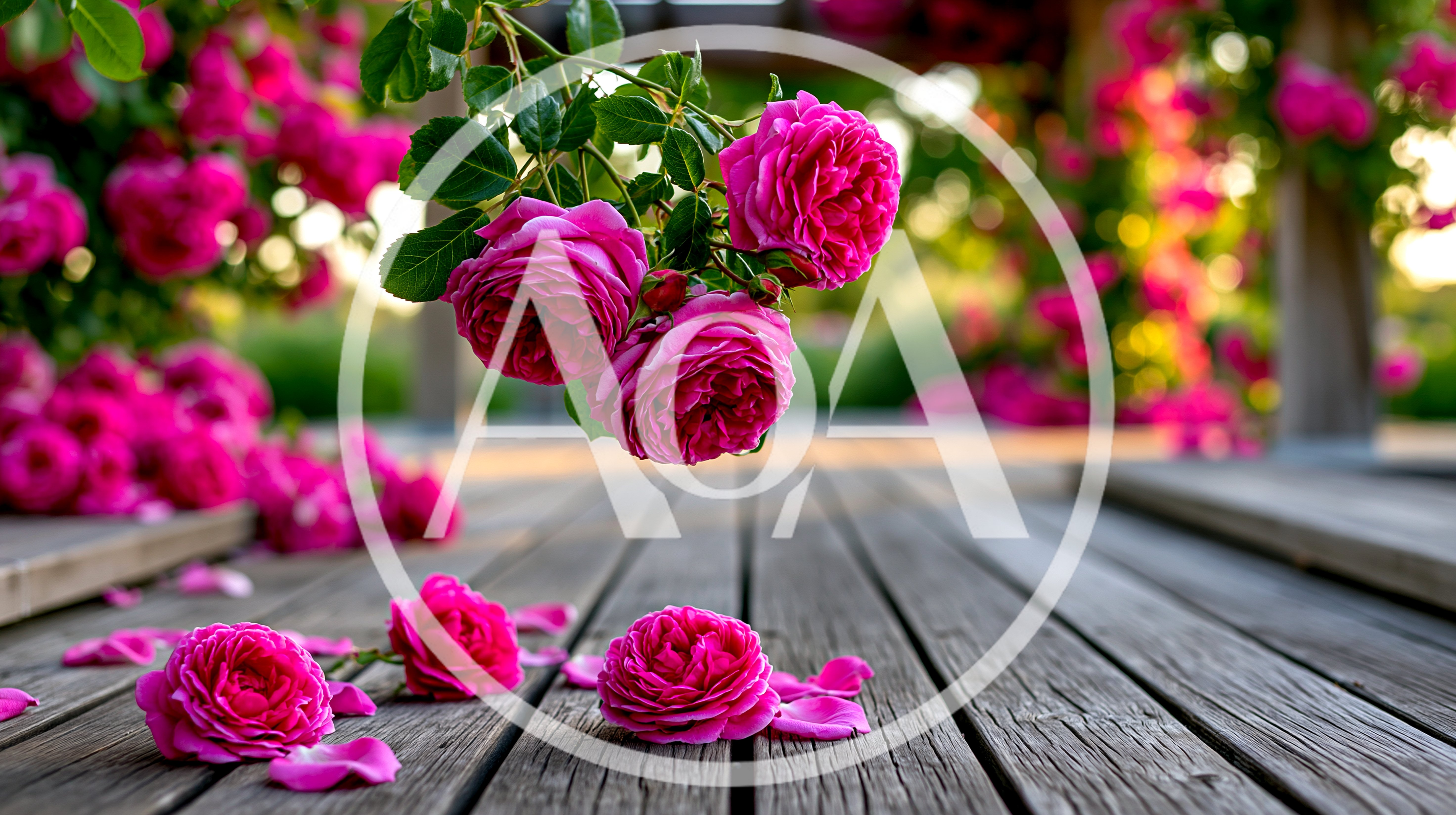 Vibrant Pink Roses On A Rustic Wooden Deck