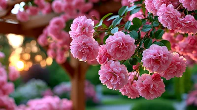 Blooming Pink Roses On A Wooden Garden Pergola