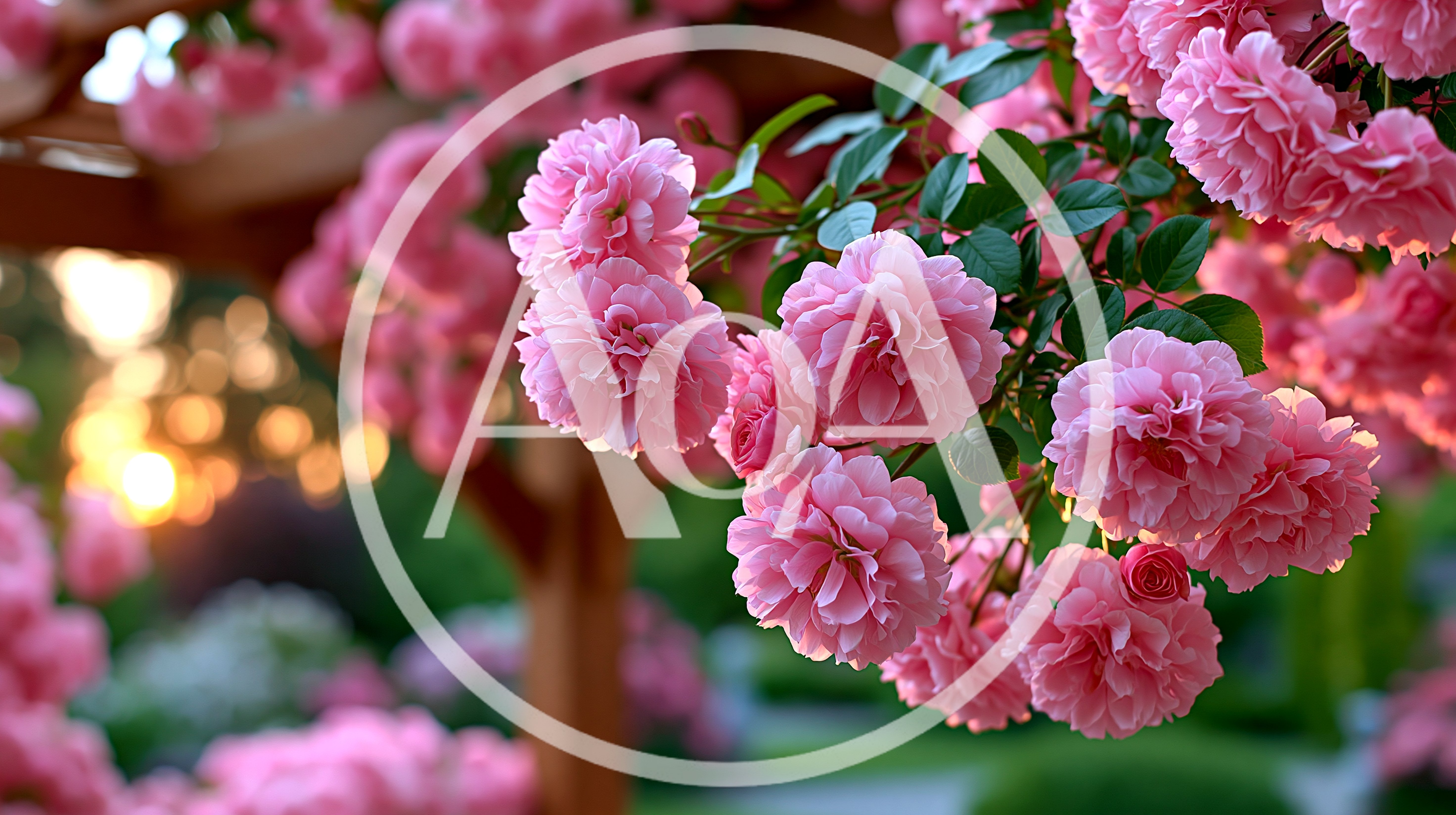 Blooming Pink Roses On A Wooden Garden Pergola