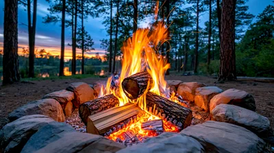 Crackling Campfire In A Forest At Sunset
