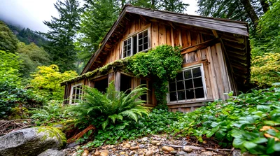Abandoned Wooden Cabin In Lush Forest Setting