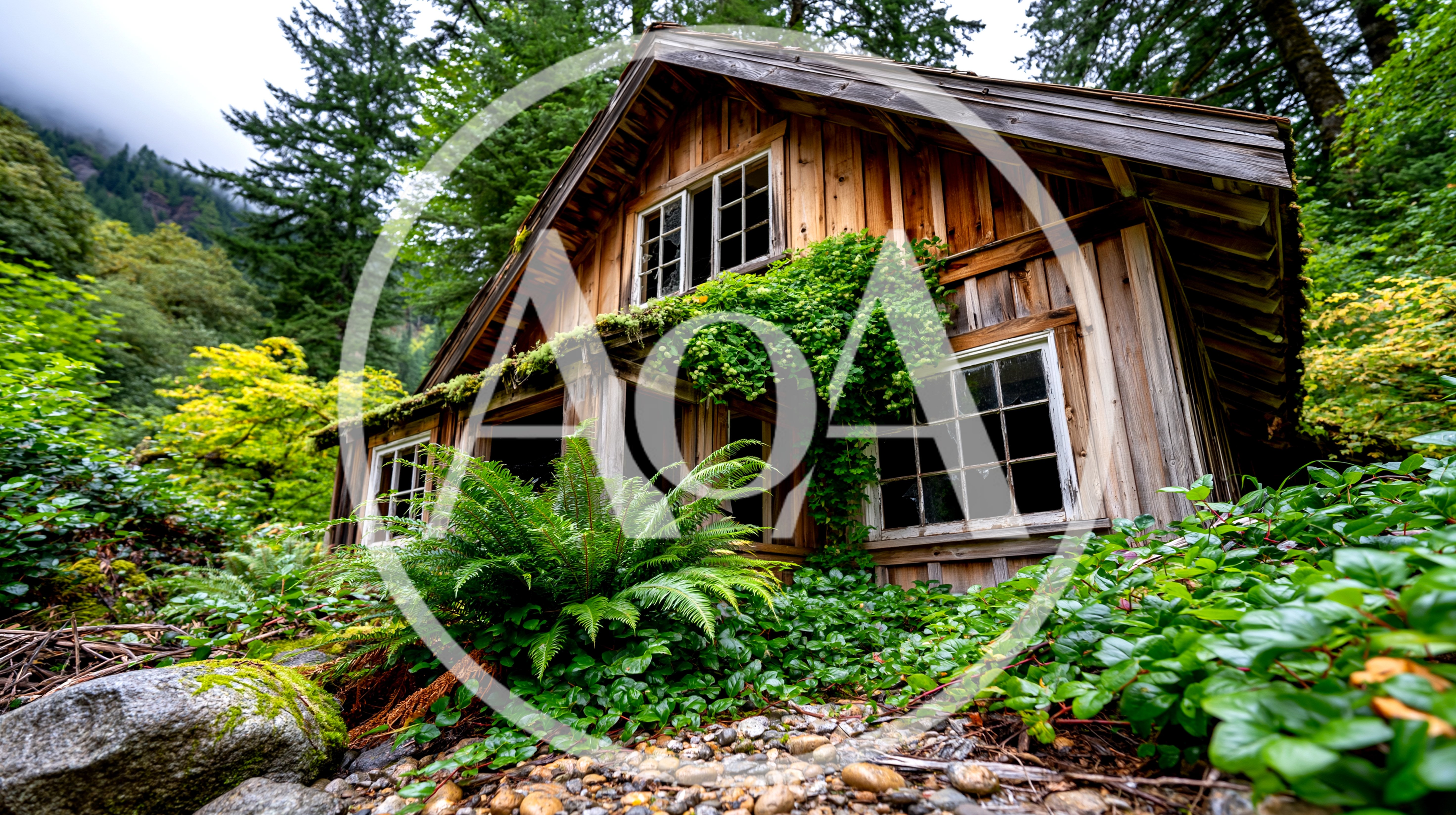 Abandoned Wooden Cabin In Lush Forest Setting
