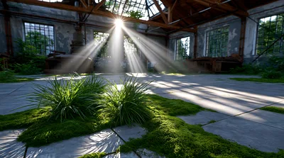 Sunlight Beams Streaming Into Abandoned Industrial Greenhouse