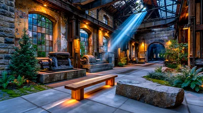 Abandoned Industrial Factory Interior With Natural Light Beams