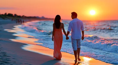 Couple Walking Hand In Hand On Beach At Sunset