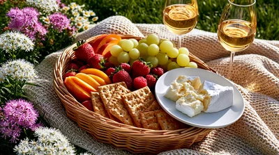 Picnic Basket With Fruit Cheese And Wine