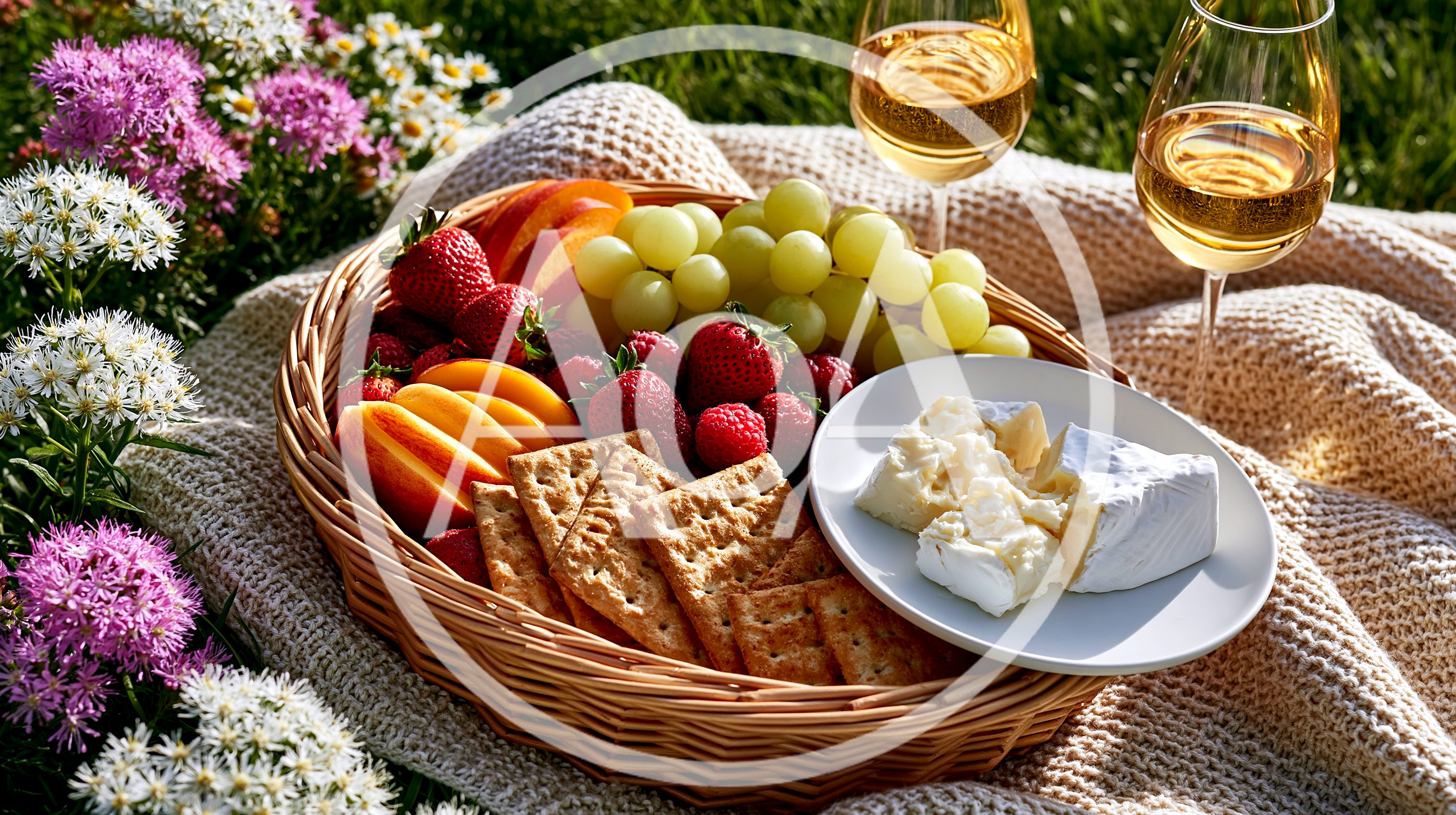 Picnic Basket With Fruit Cheese And Wine