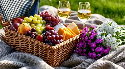 Picnic Basket With Wine And Fruit On A Blanket
