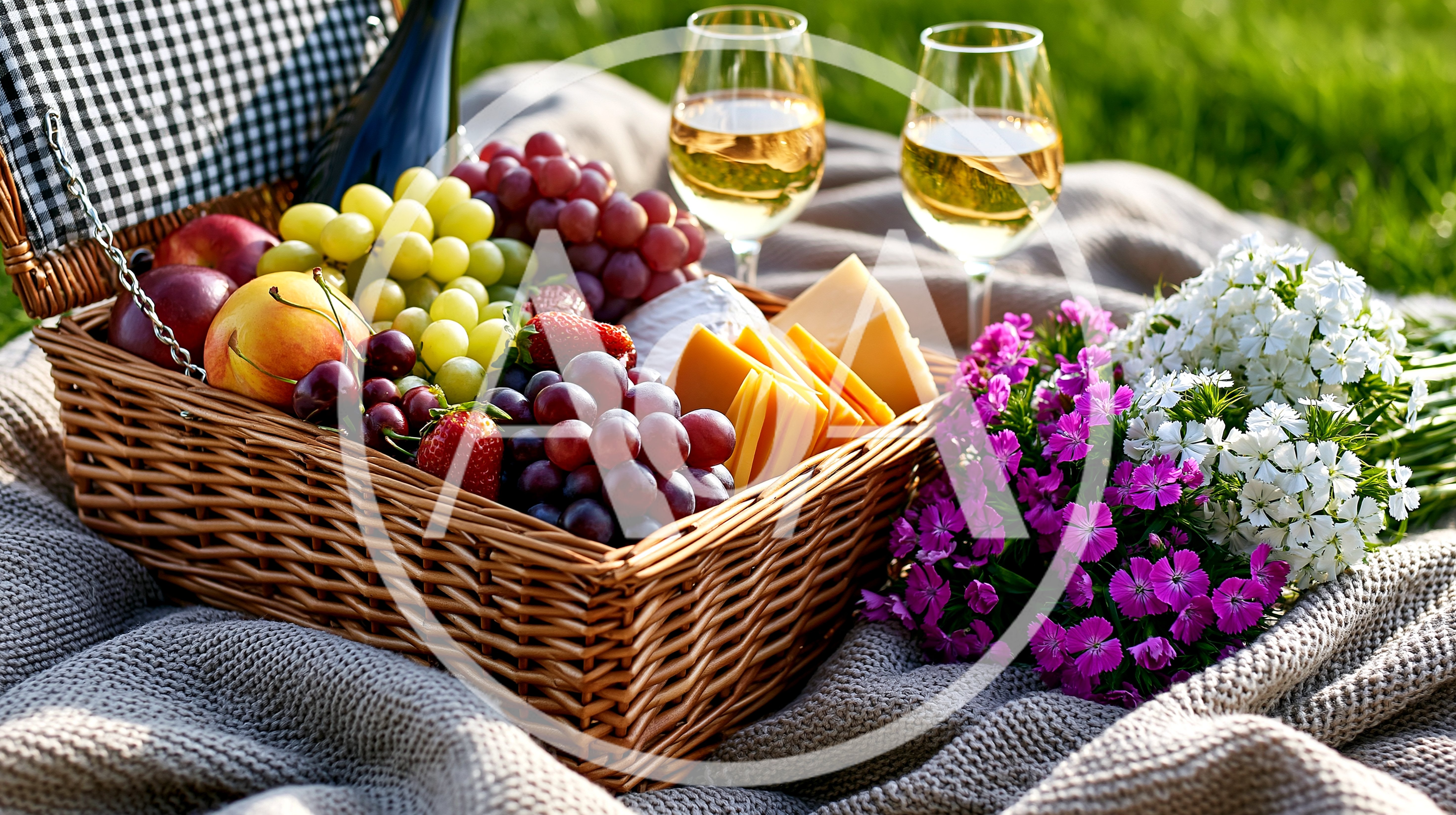 Picnic Basket With Wine And Fruit On A Blanket
