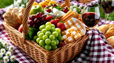 Picnic Basket With Wine And Cheese On A Checkered Blanket