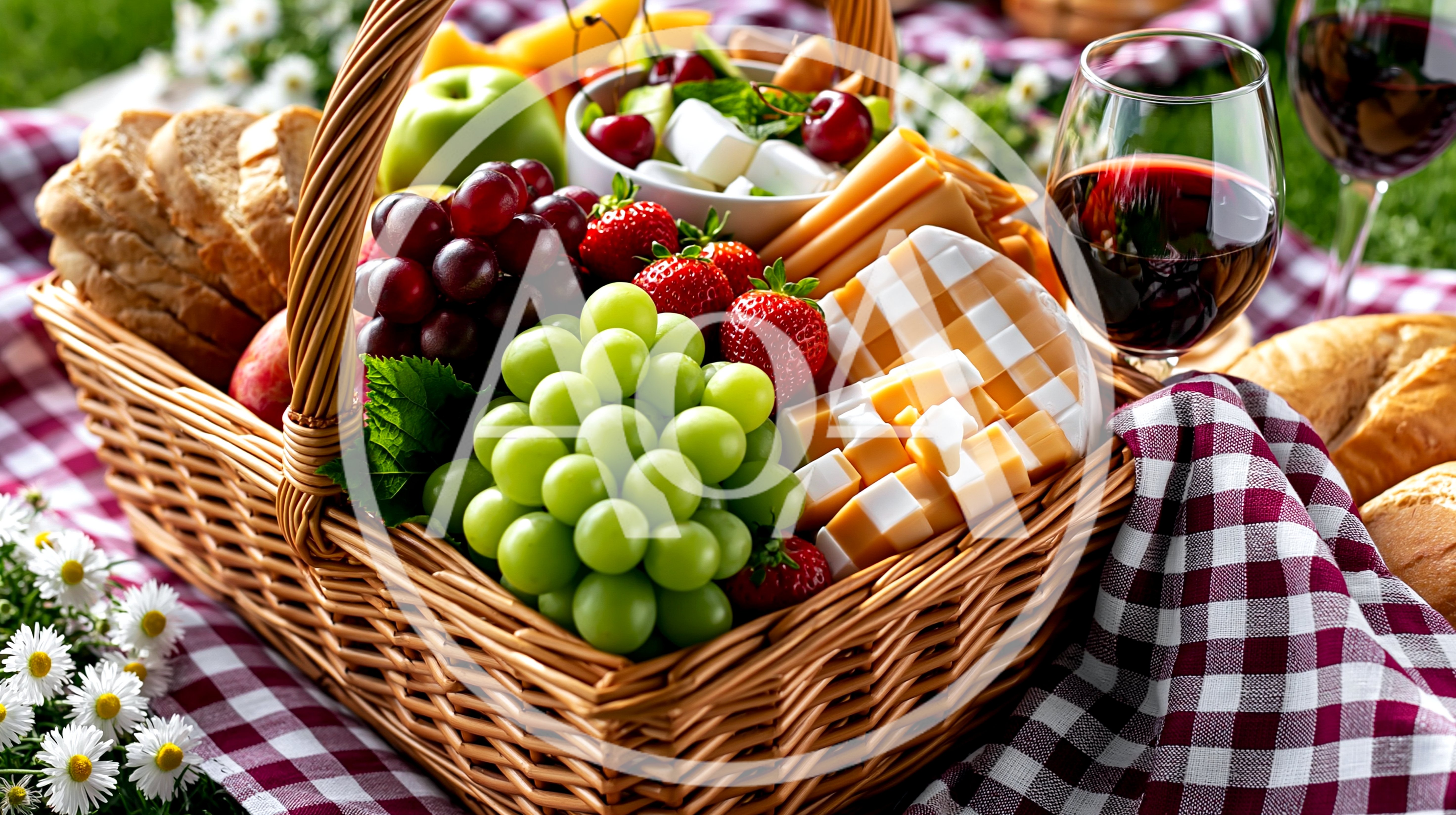 Picnic Basket With Wine And Cheese On A Checkered Blanket
