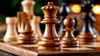 Wooden Chess Pieces Arranged On A Game Board