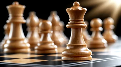 Wooden Chess Queen Standing On A Game Board