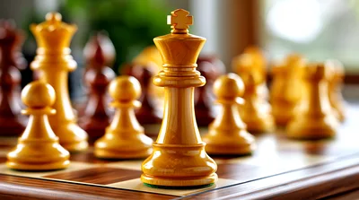 Wooden Chess King Piece Standing On A Chessboard