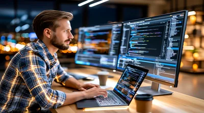 Software Developer Working On Code At Night