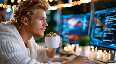 Young Male Programmer Working Late With Coffee
