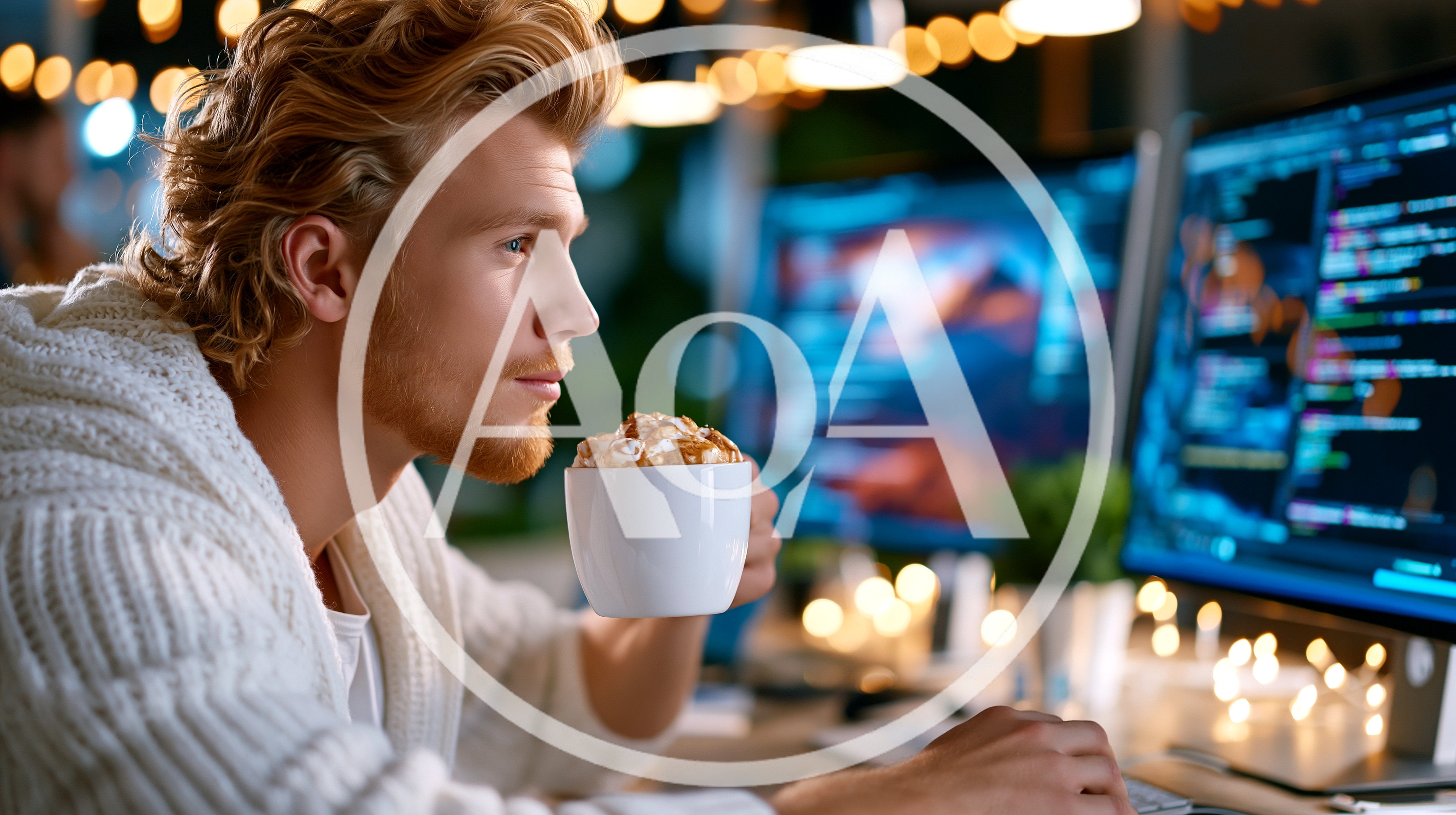 Young Male Programmer Working Late With Coffee