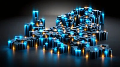 Abstract Digital Cityscape With Glowing Data Blocks