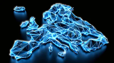 Digital Wireframe Map Of Europe On Black Background