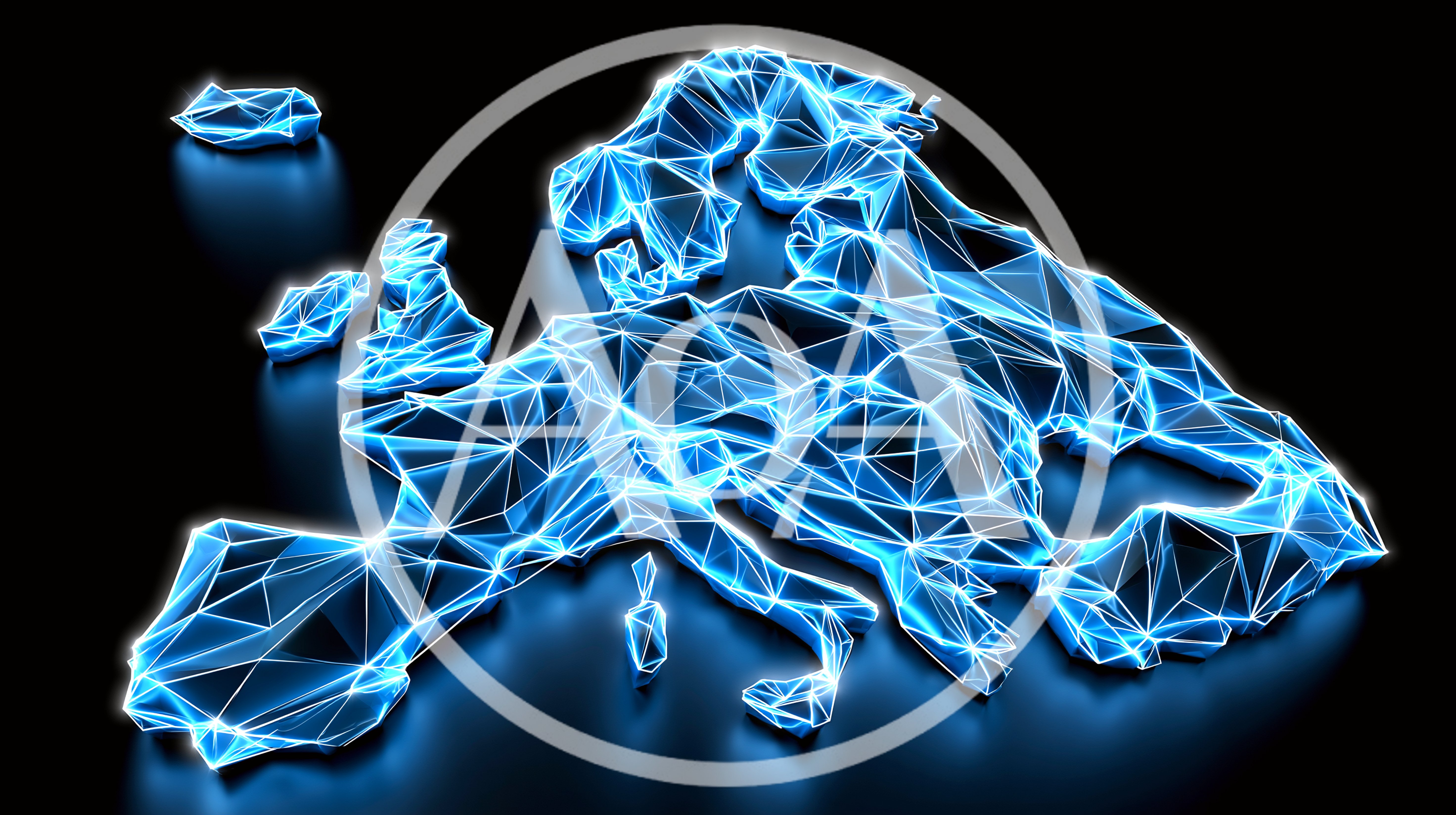 Digital Wireframe Map Of Europe On Black Background