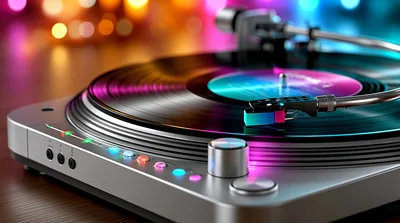 Modern Turntable Playing Vinyl Record With Colorful Lighting