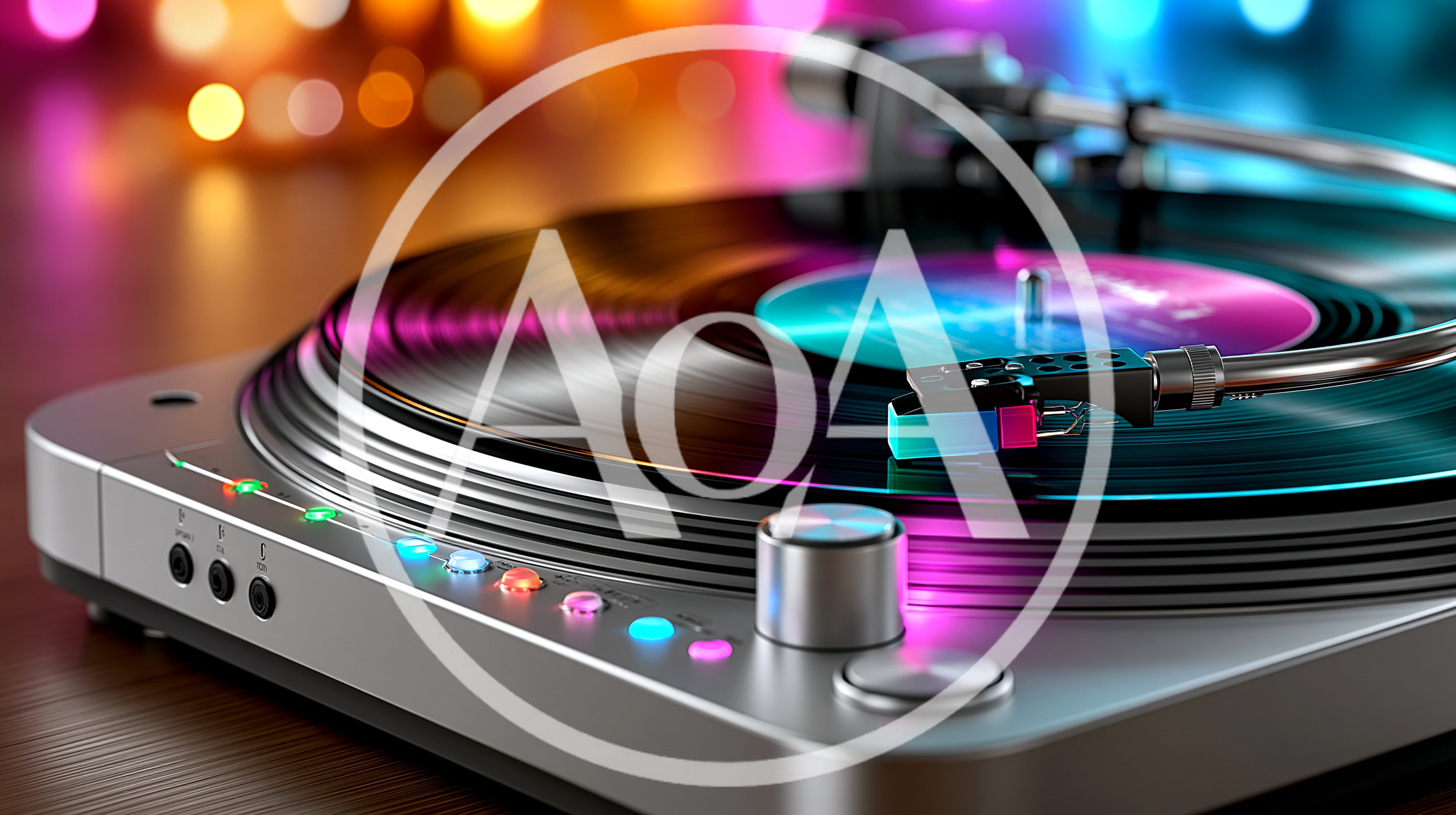 Modern Turntable Playing Vinyl Record With Colorful Lighting