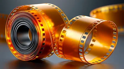 Golden Cinematic Film Reel Unrolling On Dark Surface