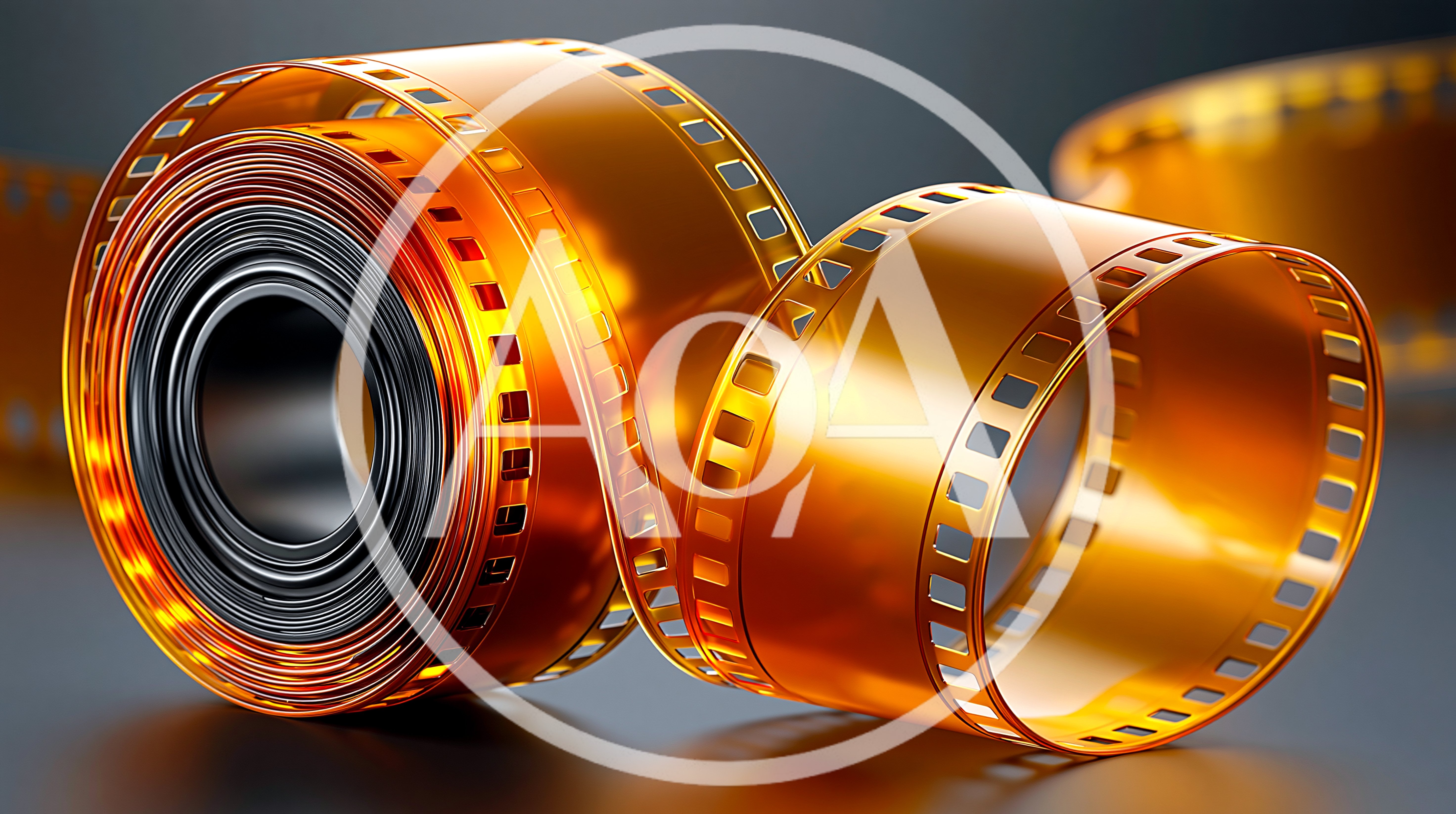 Golden Cinematic Film Reel Unrolling On Dark Surface