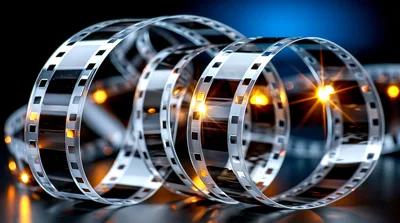 Cinematic Film Strip Coiled On A Dark Surface