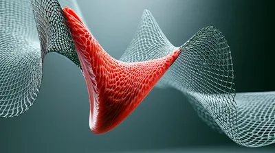 Abstract Red Organic Shape Intertwined With Metallic Mesh