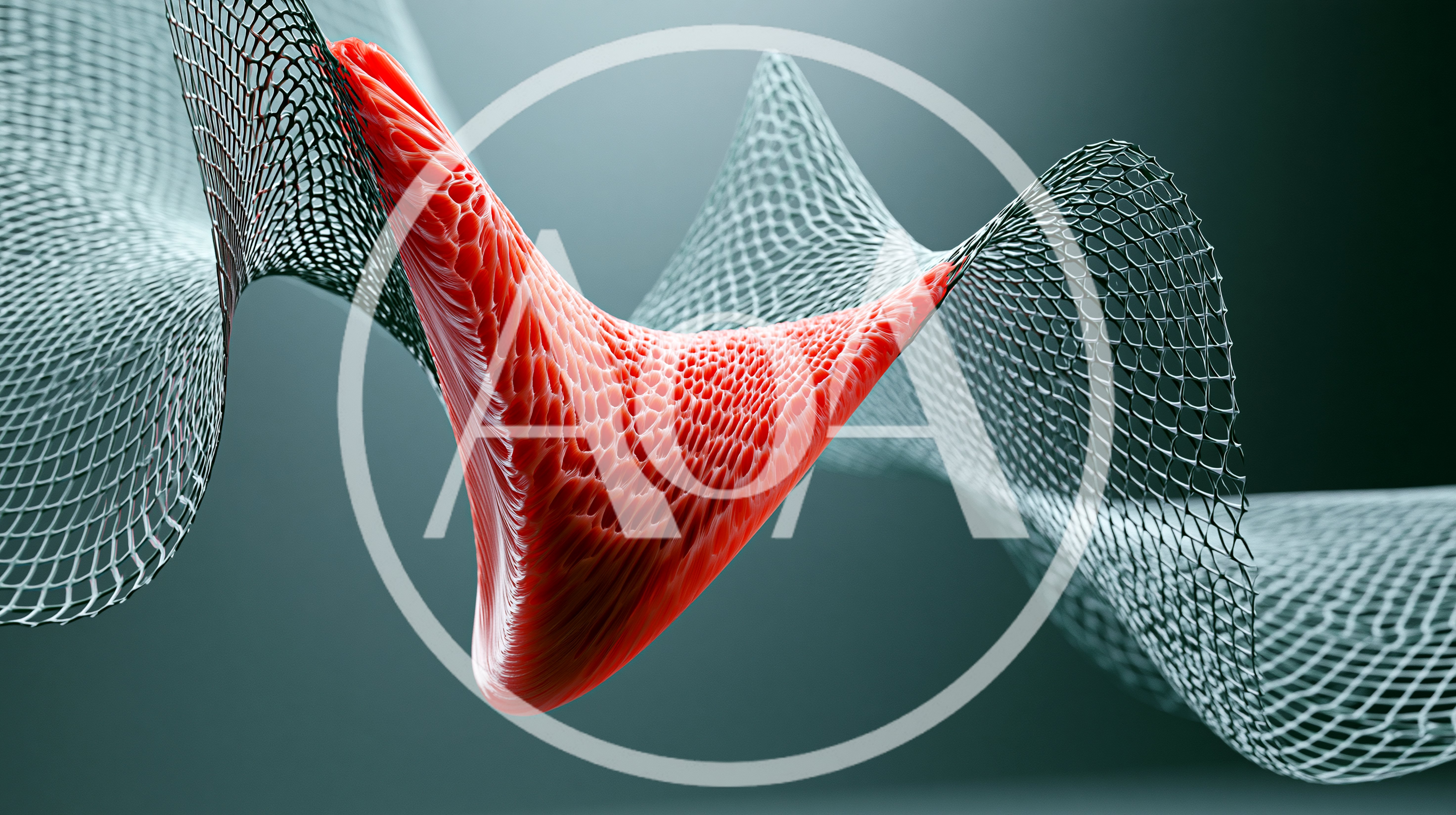 Abstract Red Organic Shape Intertwined With Metallic Mesh