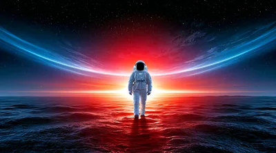 Astronaut Walking Across A Surreal Alien Planet Surface
