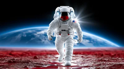 Astronaut Walking Across The Red Surface Of Mars