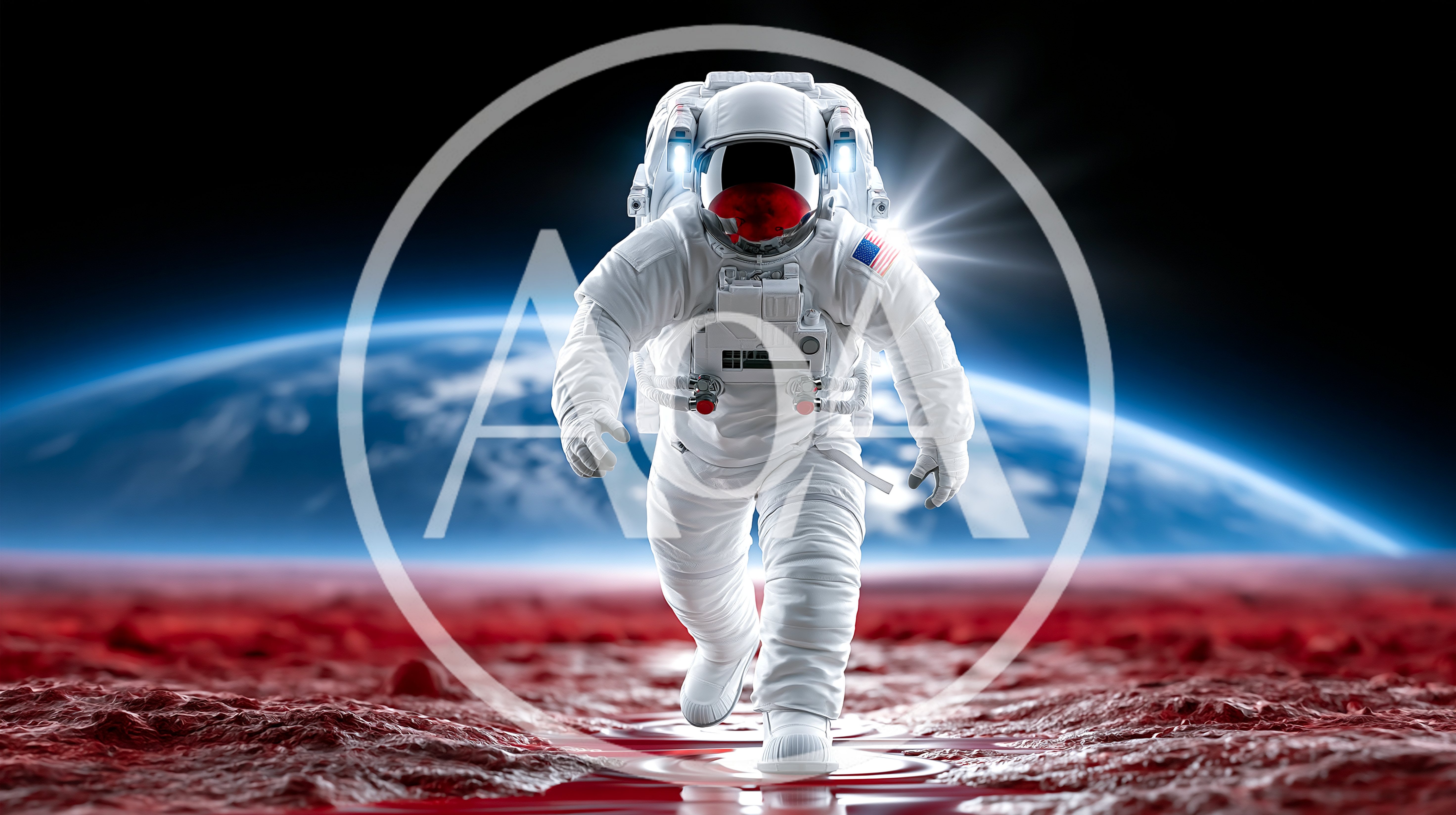 Astronaut Walking Across The Red Surface Of Mars