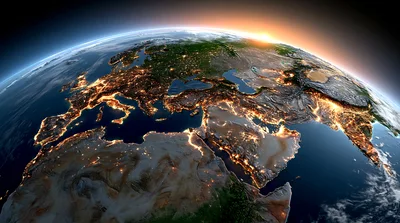 Earth From Space Showing Night Lights Of Europe And Asia