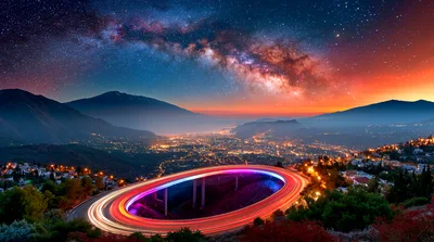 Circular Highway Overpass With Light Trails At Night
