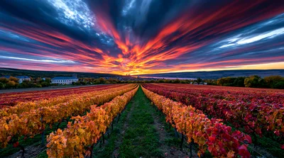 Vibrant Autumn Vineyard Landscape At Sunset