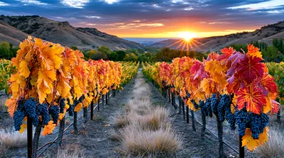 Vibrant Autumn Vineyard Rows At Sunset