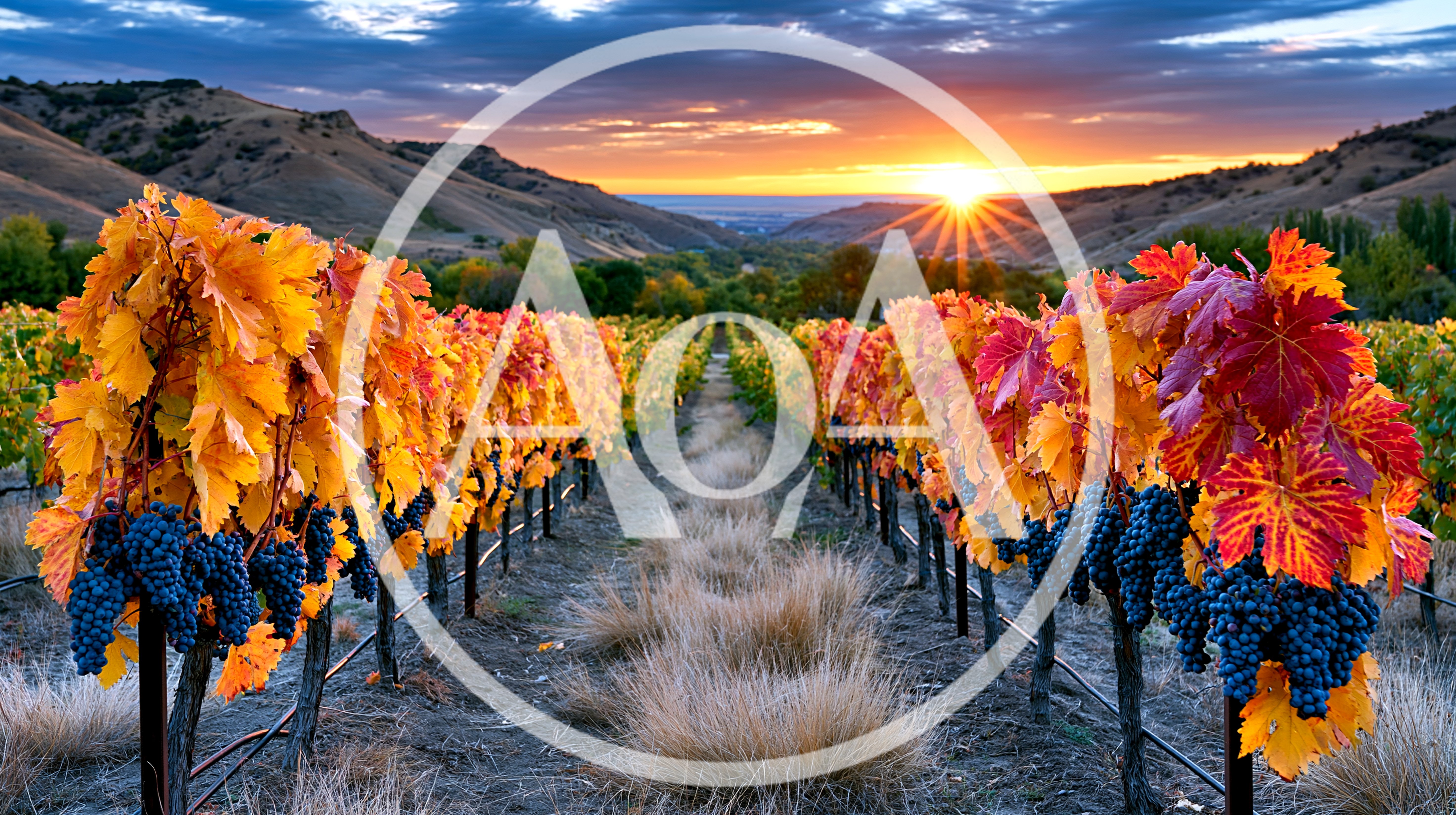 Vibrant Autumn Vineyard Rows At Sunset