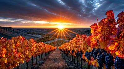 Stunning Sunset Over A Vibrant Autumn Vineyard