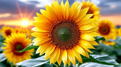 Vibrant Sunflowers Blooming In A Golden Sunset Field