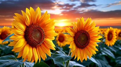 Vibrant Sunflowers Blooming In A Golden Sunset Field