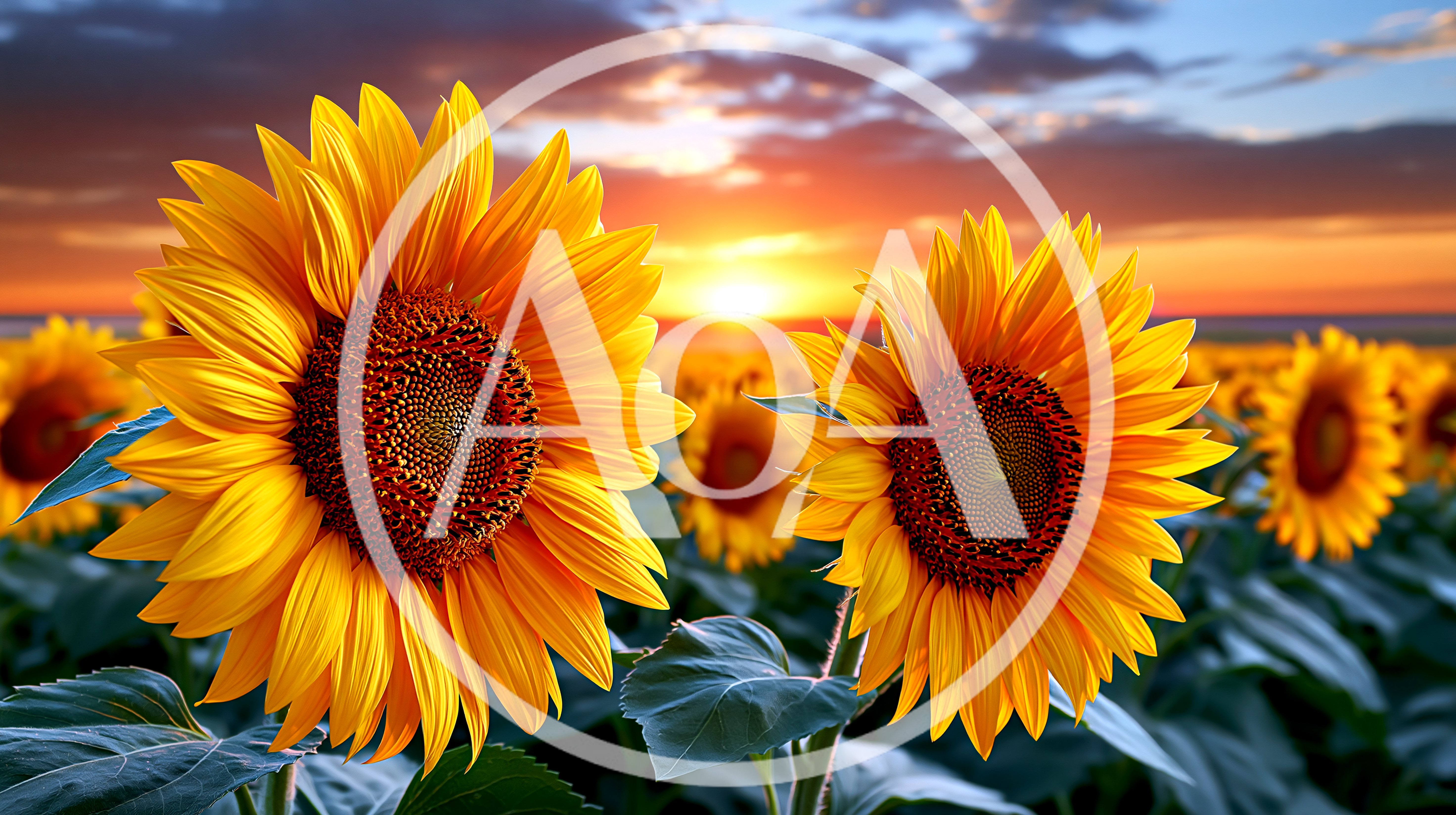 Vibrant Sunflowers Blooming In A Golden Sunset Field