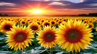Vibrant Sunflower Field Under A Golden Sunset