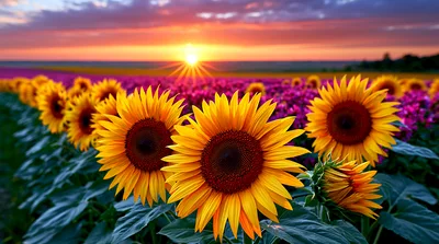 Vibrant Sunflowers Blooming In A Field At Sunset