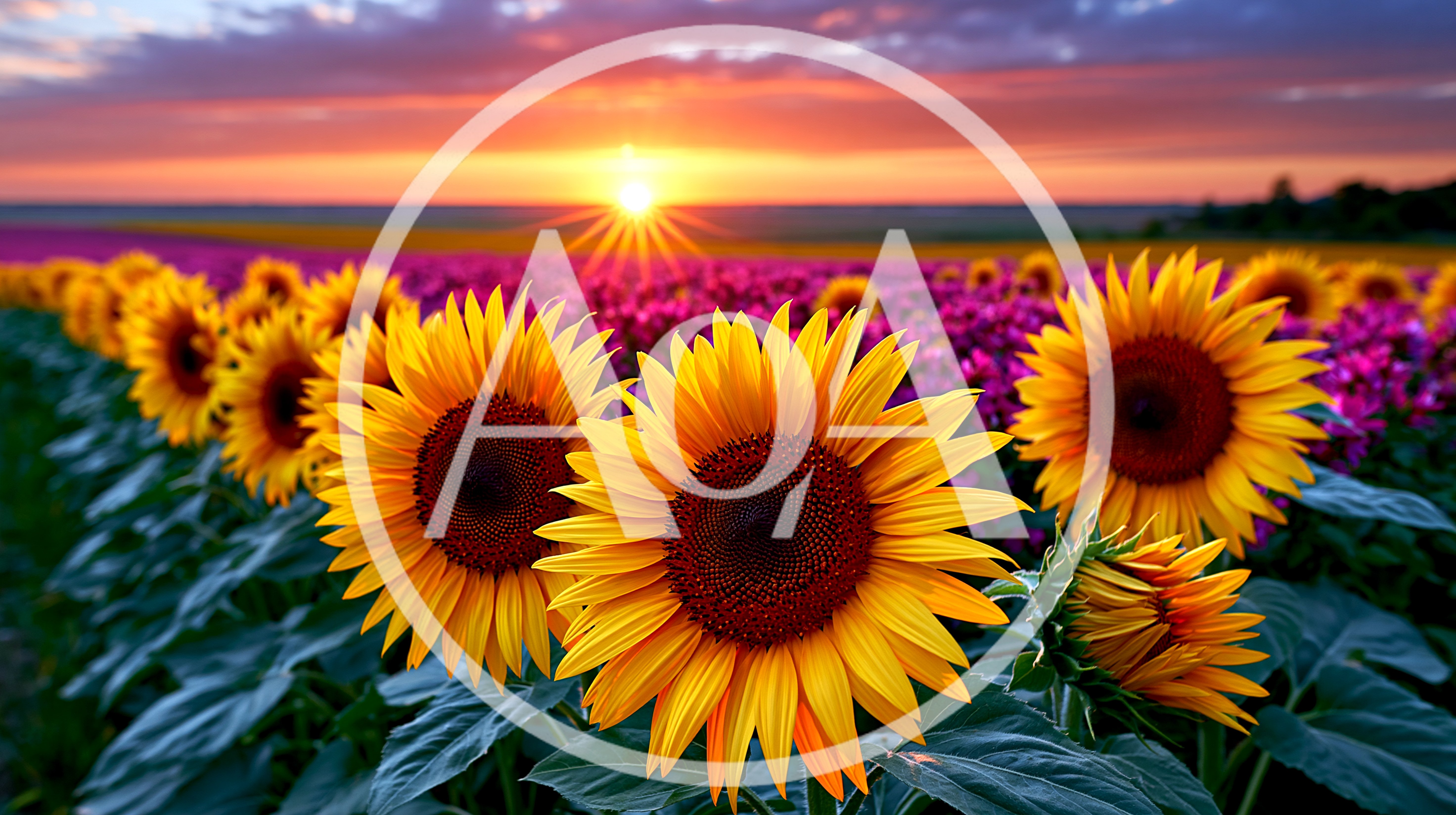 Vibrant Sunflowers Blooming In A Field At Sunset