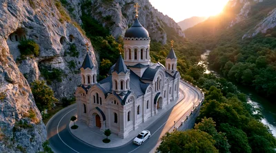 Aerial View Of Orthodox Church In Mountain Valley