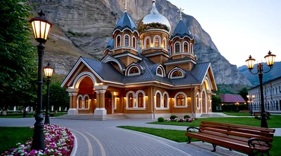 Orthodox Church Building With Mountain Backdrop